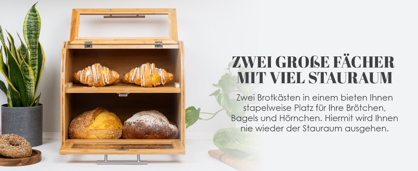 Бамбуковий хлібний ящик Arise з вентиляцією, 2 полиці та вікно, для хліба, бургерів, сендвічів. 40 x 26 x 37 см