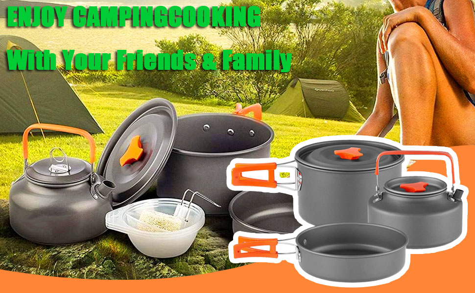 Набір кухонного посуду для кемпінгу, 10 предметів: каструля, сковорода, чайник, сумка для зберігання. Для кемпінгу, пікніків та походів