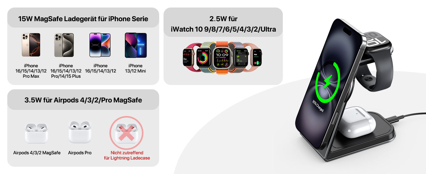 Зарядна станція 3-в-1 для Apple Watch, iPhone та AirPods Pro (індуктивна, бездротова) Сірий