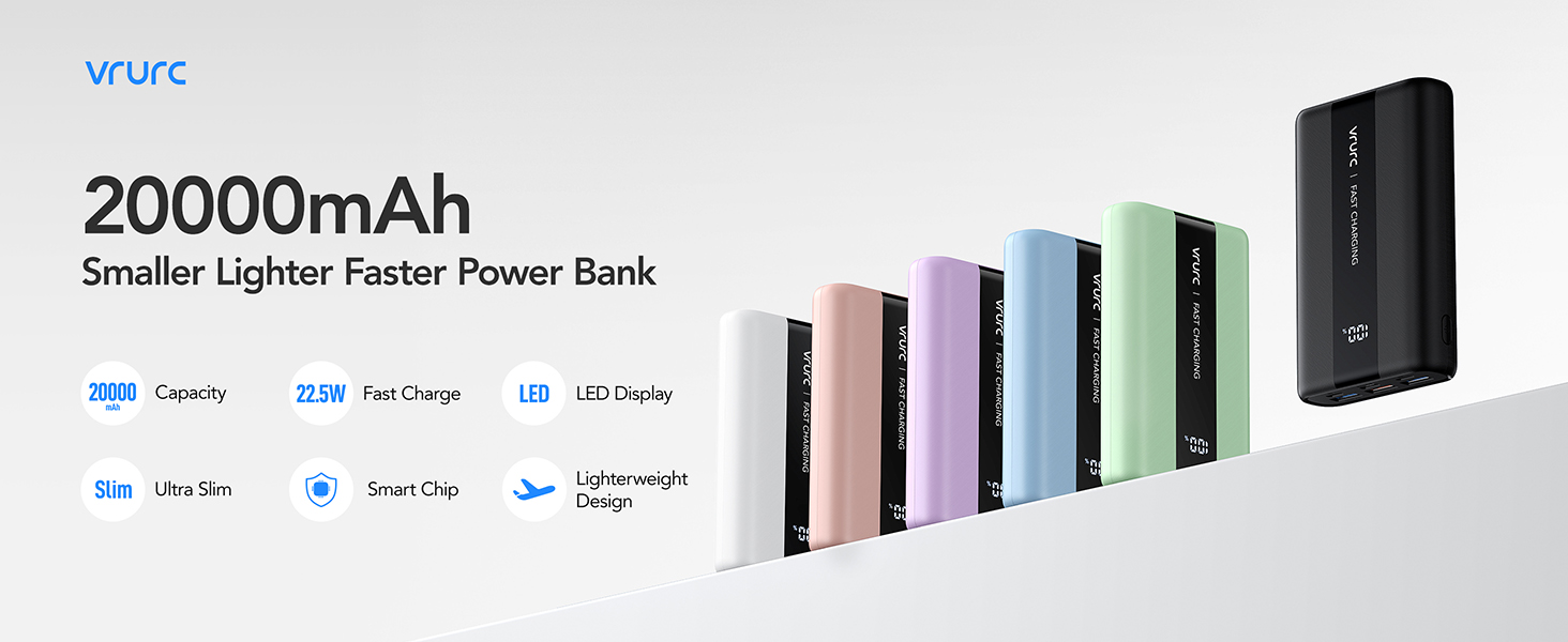 Power Bank VRURC 20000mAh: Швидка зарядка 22.5W, USB-C, 6 портів, LED-дисплей, для iPhone, Samsung, Huawei, iPad, Зелений
