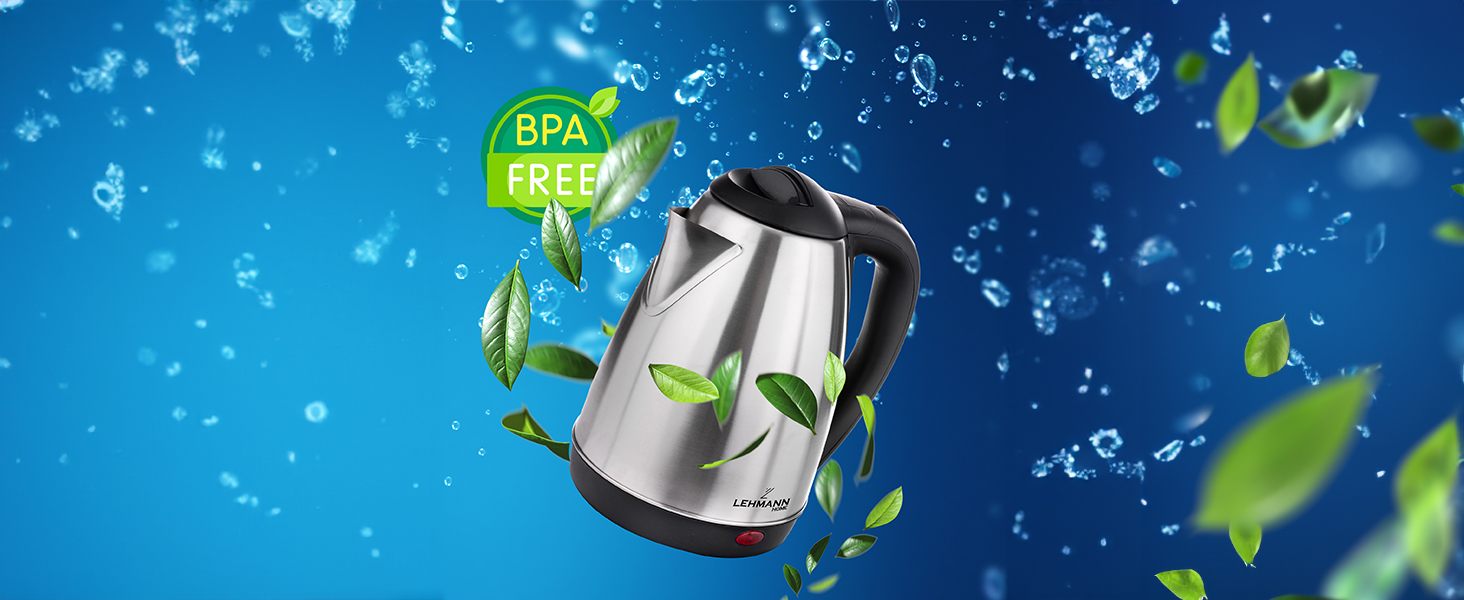 Електричний чайник LEHMANN з нержавіючої сталі, 2200 Вт, 1.8 л, швидке нагрівання, 360° підставка, автовимкнення, захист від перегріву, BPA-Free, для дитячого харчування, чаю та кави, сріблястий