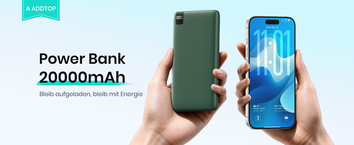 Power Bank ADDTOP 20000mAh 22.5W: Зовнішній акумулятор USB-C для iPhone 17/16/15/14/13/12/11, Samsung Galaxy, швидка зарядка, LED-індикатор, зелений