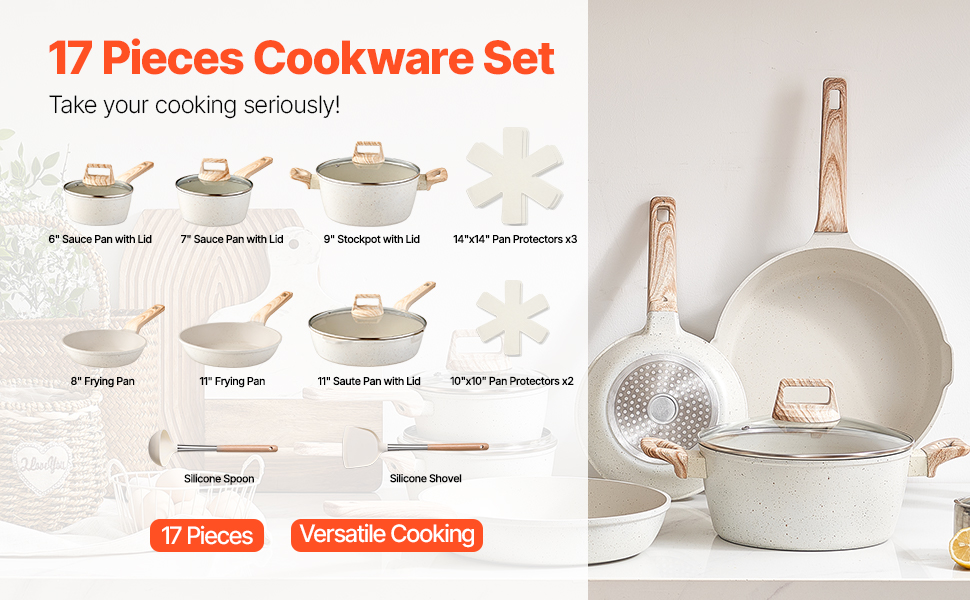 Набір посуду VEVOR 17 предметів з нержавіючої сталі з антипригарним покриттям, індукційні каструлі та сковорідки з кришками, для кухні, кемпінгу та приготування їжі (білий)