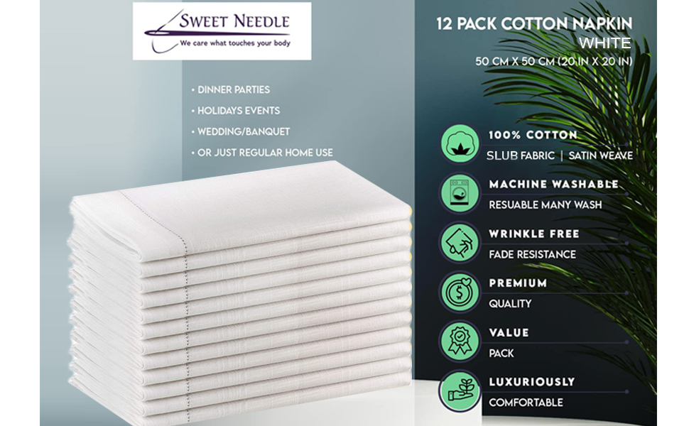 Sweet Needle – Pack of 12 oversized dinner napkins made of 100% cotton – Heavyweight, hotel-quality fabric for everyday use and events (Slub with lace – White)