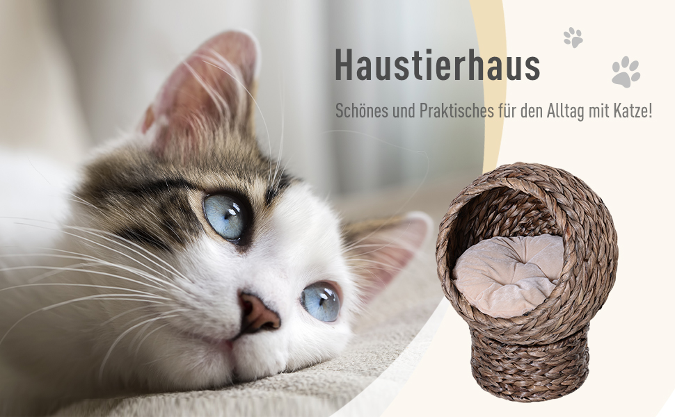 PawHut Rattan Cat Basket Cat Cave Cat House Cat Bed with Cushion Pet Bed Water Hyacinth 42 x 33 x 52 cm (42L x 33W x 52H cm, Coffee)