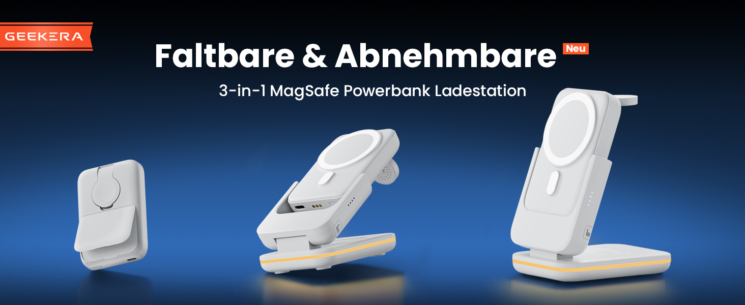 GEEKERA 3-в-1 Магнітна бездротова зарядка Powerbank 5000mAh: для iPhone 17/16/15/12, Apple Watch, AirPods, Samsung Galaxy (Білий)