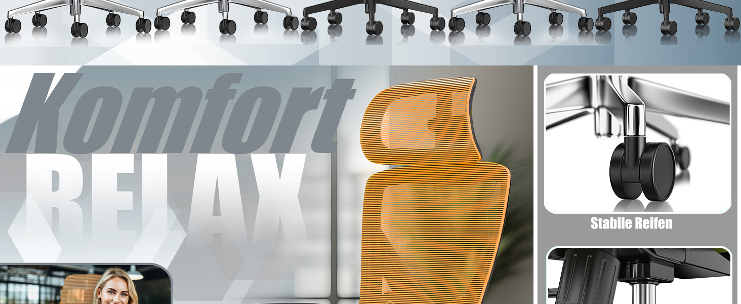 Офісне крісло KESSER® ергономічне з регульованими підлокітниками, поворотне з підтримкою попереку, з підголівником. Функція гойдання до 125° та 5 роликів. Оранжевий/срібний колір.