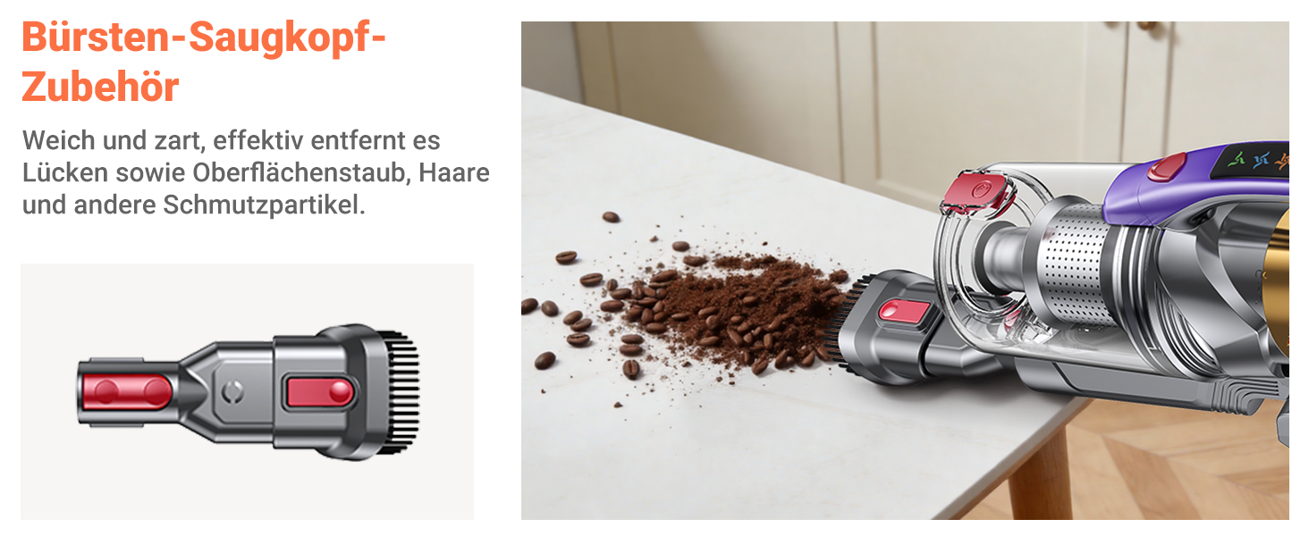 Бездротовий акумуляторний пилосос 58KPa/550W з LED-дисплеєм та антизаплутана щітка, 1.8L, для тварин, килимів, твердих поверхонь та авто, сірий & золотий