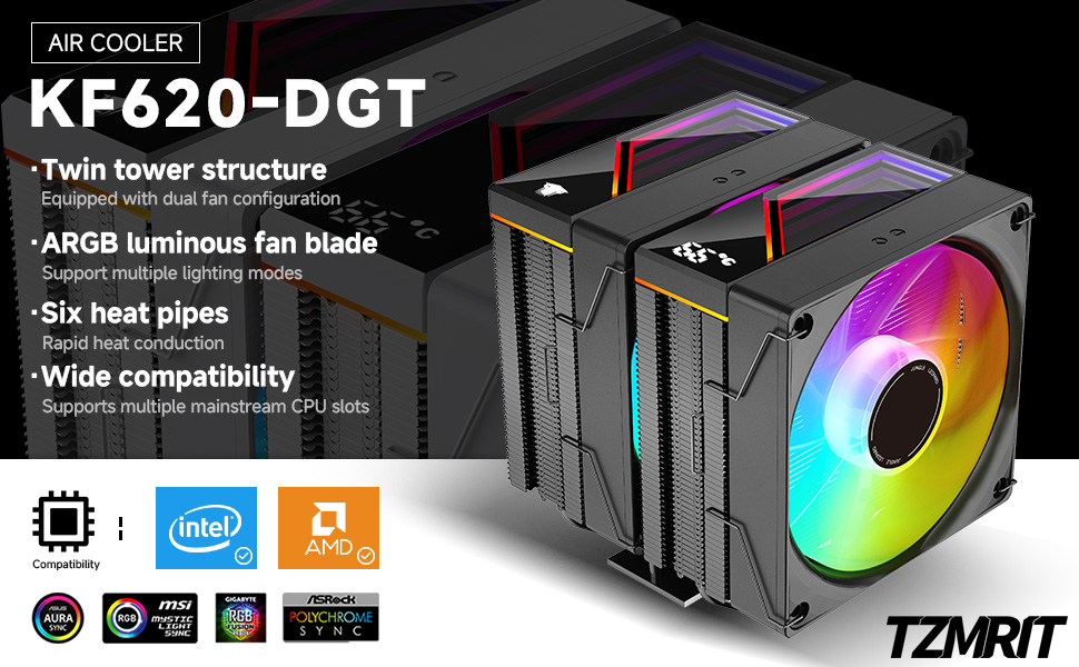 Система водяного охолодження CPU TZMRIT KF620 DGT з дисплеєм температури, 265W TDP, для Intel LGA 1700/1200/115X/1851/1366/2011 та AMD AM4/AM5