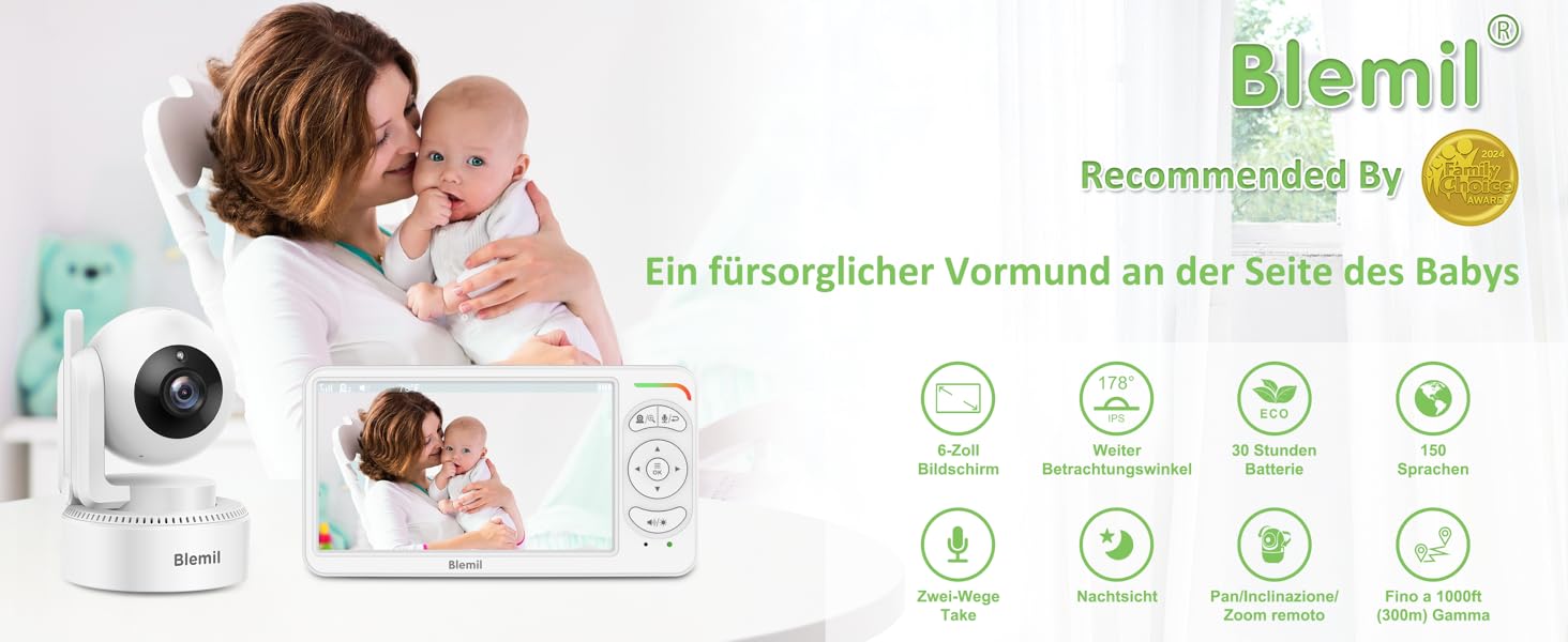 Відеоняня Blemil BL9064 з камерою, 6-дюймовий IPS дисплей, акумулятор 3000 mAh, ECO-режим, авто-нічне бачення, 2-сторонній аудіо, радіус дії 300 м, розпізнавання плачу
