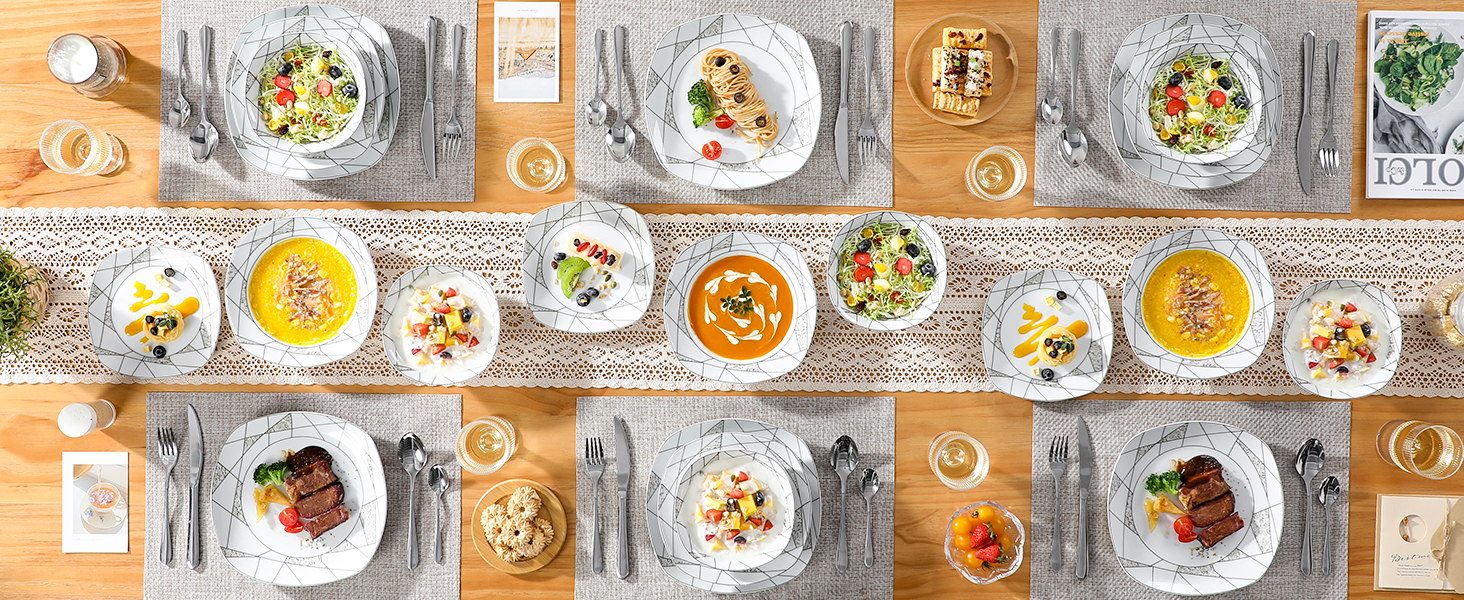 VEWEET Сервіз столовий 'Serena' з порцеляни, 24 елементи | 6 тарілок для сніданку, десерту, їжі та супу | Сервіз для 6 осіб, ресторану, сім'ї, білий