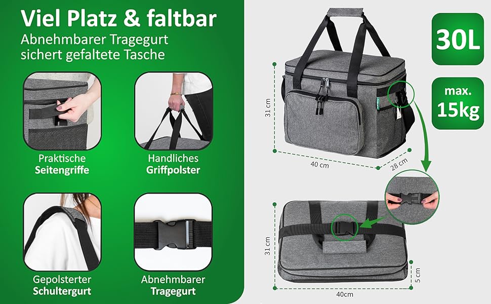 Складана сумка-холодильник 30л, водовідштовхувальна, +12 годин свіжості, міцна ізоляція – сіра сумка-холодильник, сумка для обіду, термосумка для пікніка