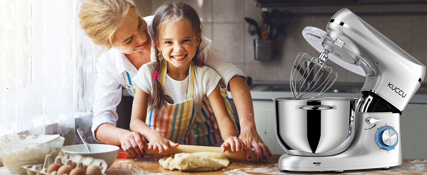 Кухонний комбайн-міксер 1500W з чашею з нержавіючої сталі 7л, планетарний міксер для тіста з 6 швидкостями та набором насадок (гак, вінчик, міксер), сріблястий