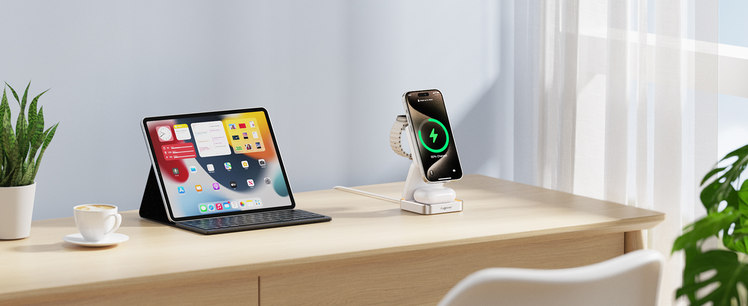 Зарядний пристрій 3-в-1 для Apple Watch та iPhone, MagSafe, складна підставка, бездротовий заряд для AirPods Pro/3/2, білий