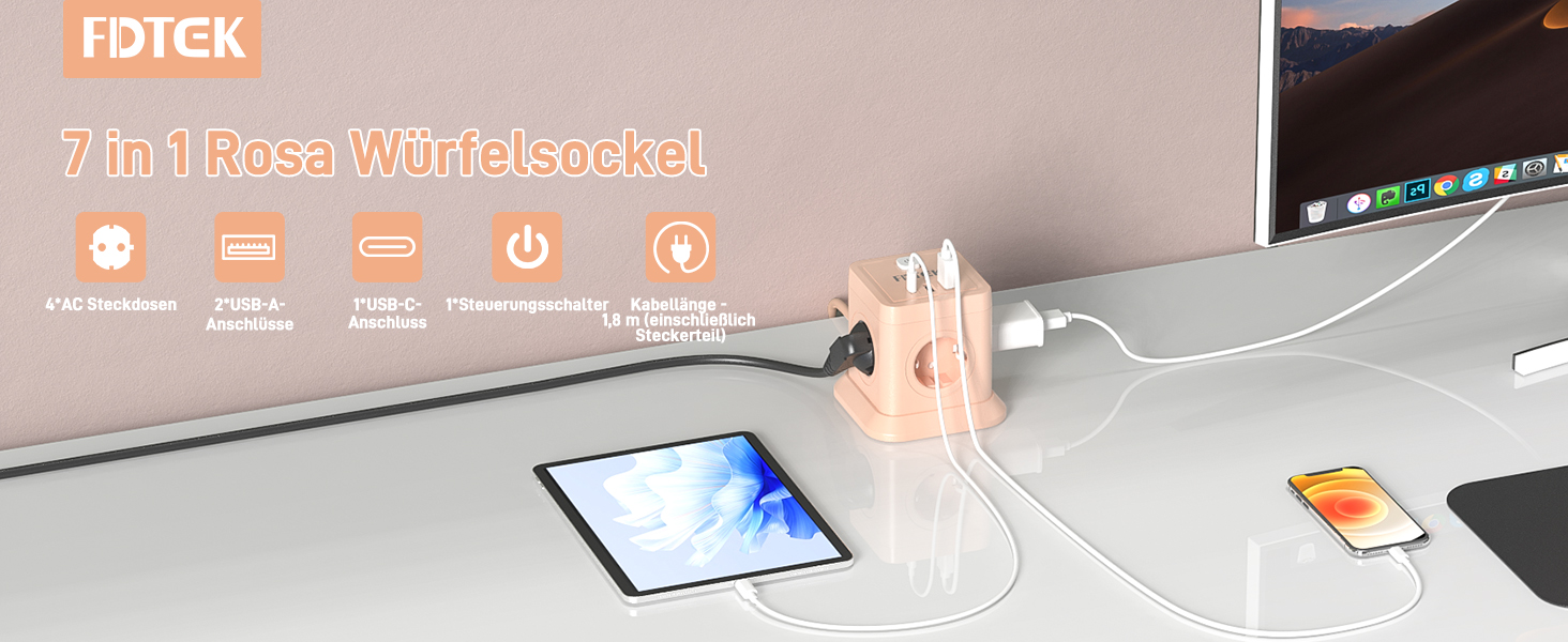 FDTEK Розетка-спінер з USB-C та USB-A, 7 розеток, 2500W/10A, з вимикачем, 1.8м кабель, рожевий