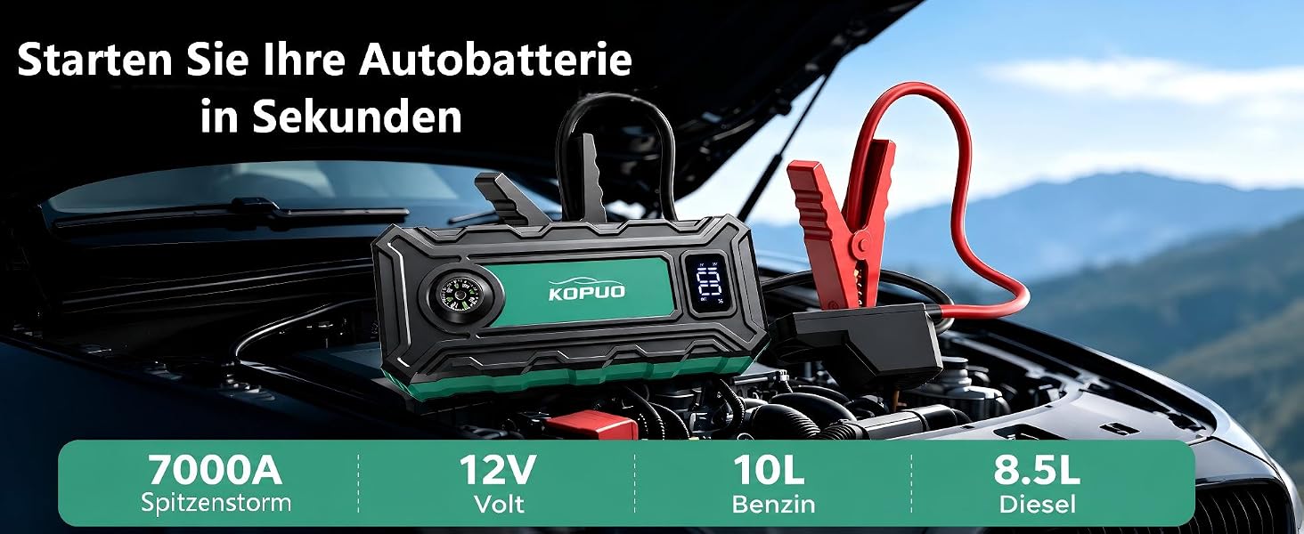 Бустер для автомобіля 7000A Jump Starter Powerbank 12V для бензинових (до 8л) та дизельних (до 6.5л) двигунів з LED-ліхтарем та набором аксесуарів (Блакитно-зелений)