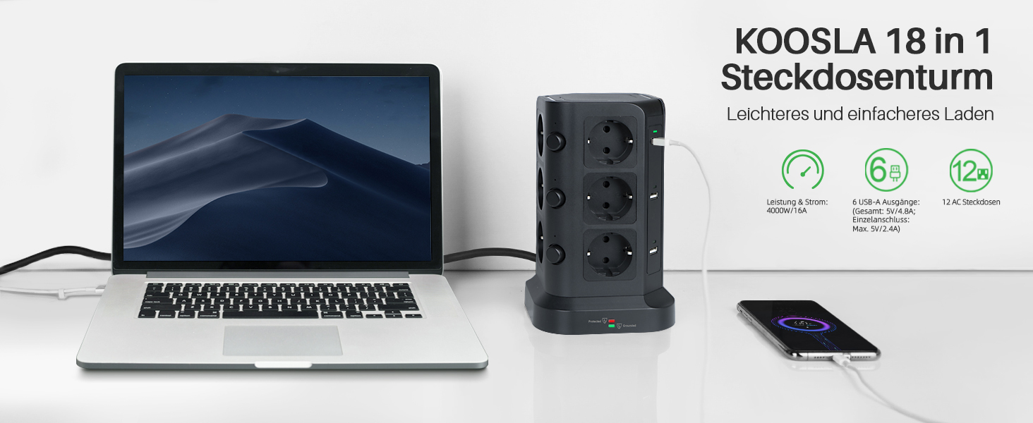 KOOSLA Тур Steckdosenturm 12 Fach з USB (6x) та захистом від перенапруги (4000W/16A) для офісу, кухні, столу, 5м, чорний