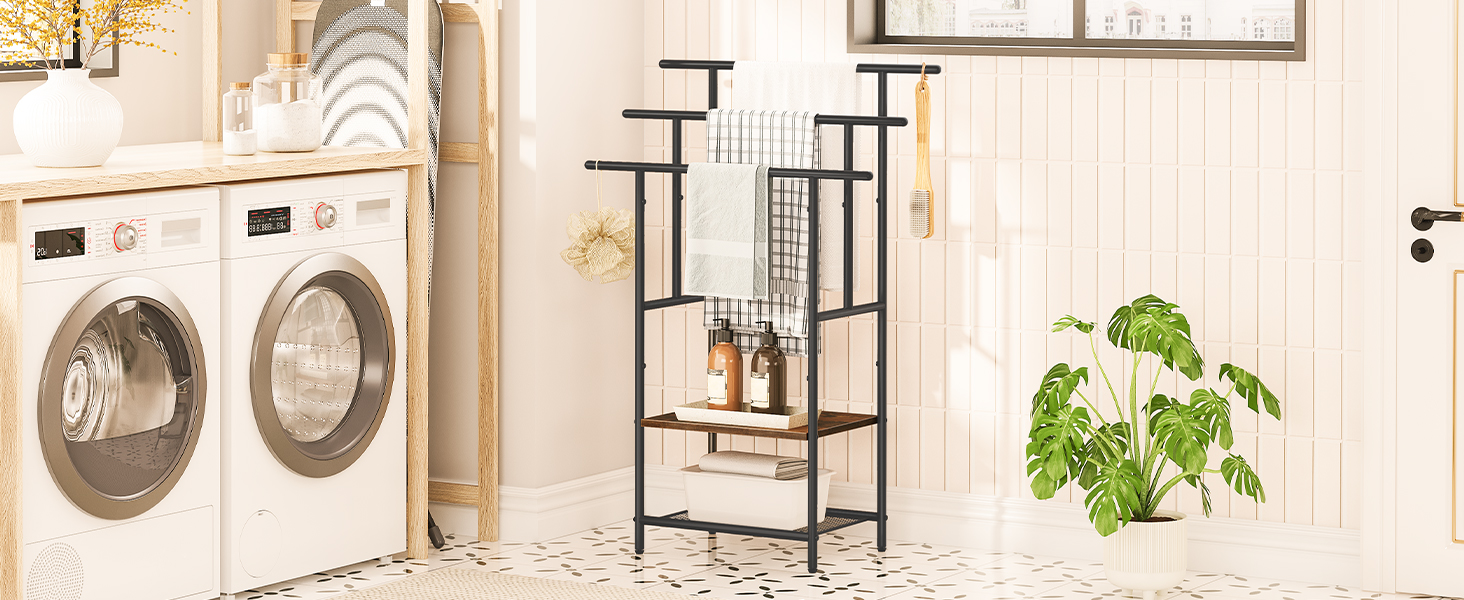 HOOBRO Стійка для рушників з 3 перекладинами, 2 полиці, для ванної кімнати, коричнево-чорна