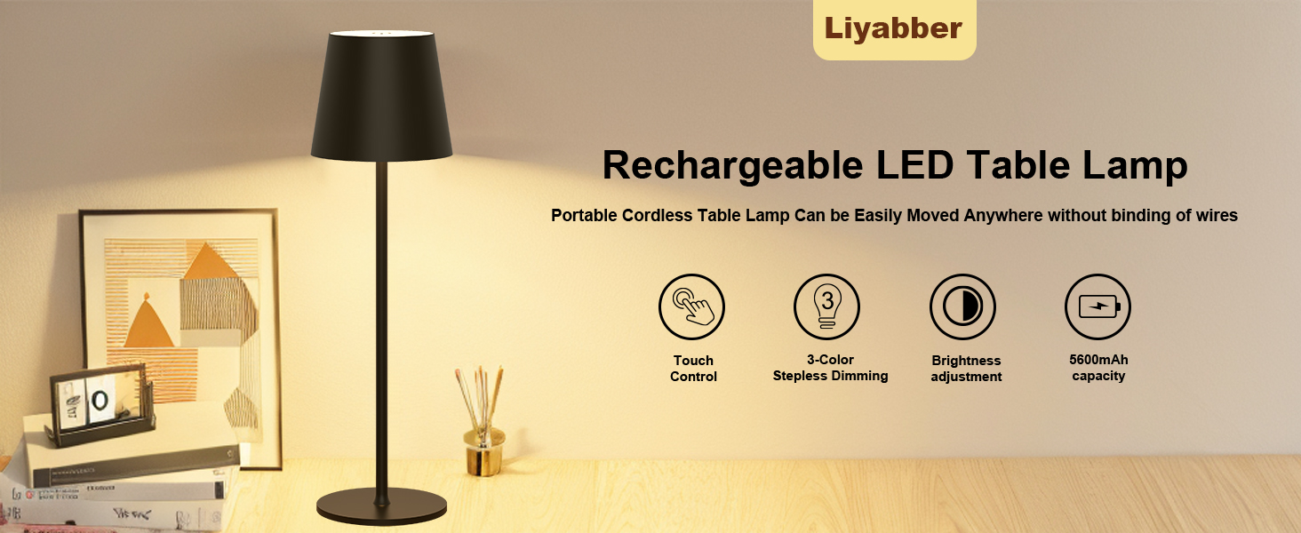 2 шт. LED акумуляторні настільні лампи з регулюванням яскравості, сенсорне керування, USB-C, металеві, перезаряджувані, для вулиці та дому, алюміній, IP44, водонепроникні, 5600mAh, 5W, чорні
