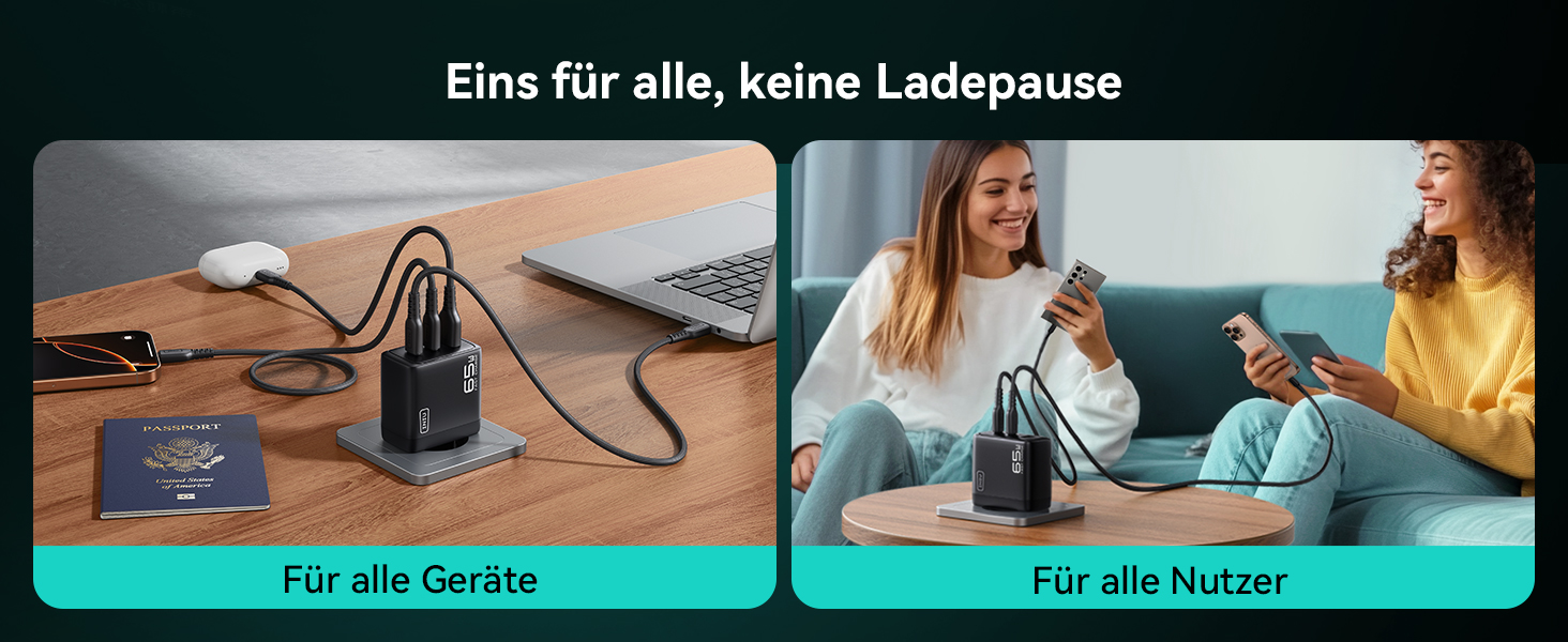 Зарядний пристрій INIU 65W USB-C/USB-A GaN, швидка зарядка для MacBook, iPad, iPhone, Samsung Galaxy, Pixel - Чорний