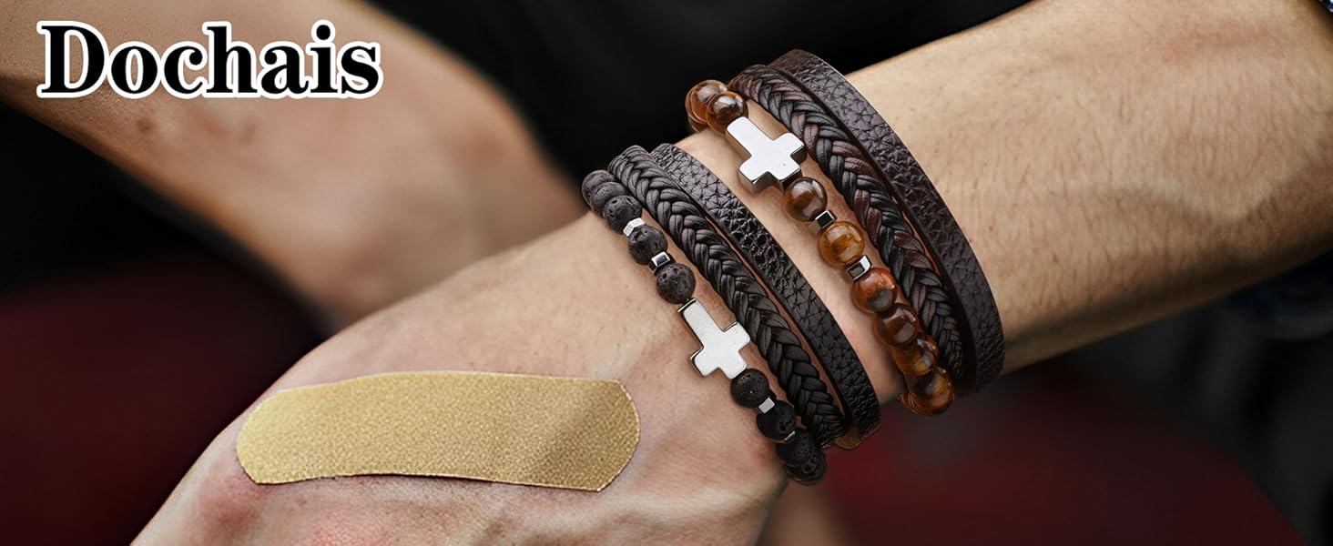 Чоловічий браслет Dochais: нержавіюча сталь, шкіряний ремінець, хрест Ісуса Христа, плетіння з натурального каменю, магнітна застібка, чорний, 21 см