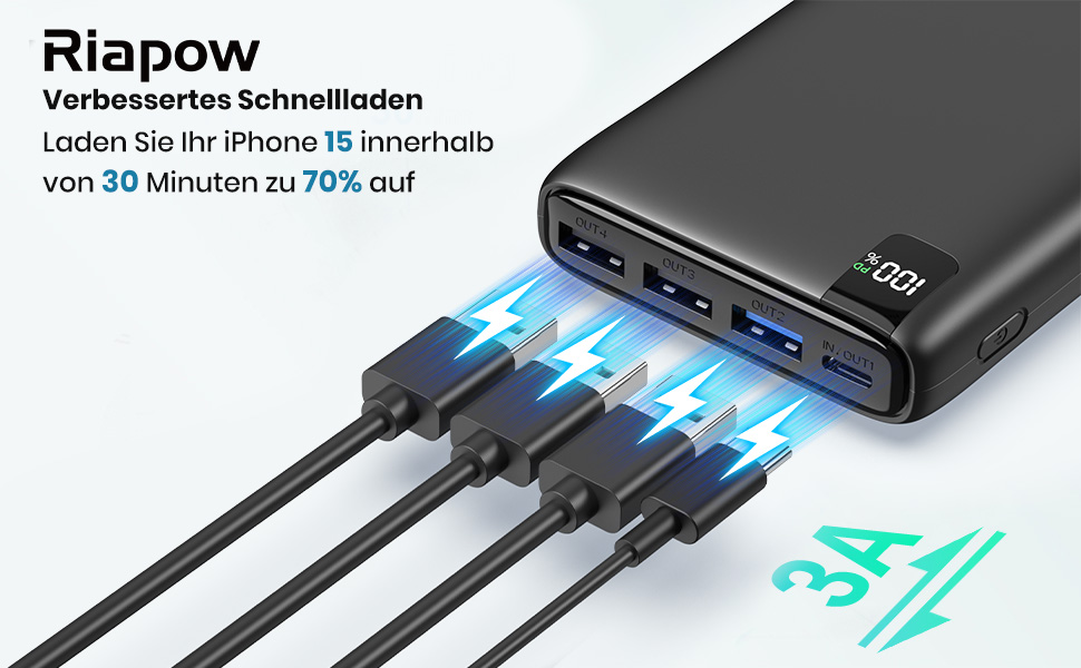 Power Bank Riapow 26800mAh з LED-дисплеєм: зарядка для смартфонів та планшетів, 4 порти USB, 22,5W, чорний
