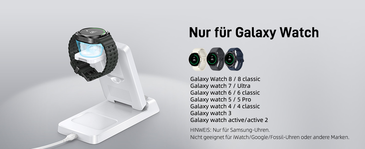 Бездротова зарядка для Samsung з годинником: станція для Galaxy S25 Ultra/S24/Z Fold 6/Flip 7/Bud, Watch, серій 8/7/6/5Pro, 3 в 1, сірий (білий)