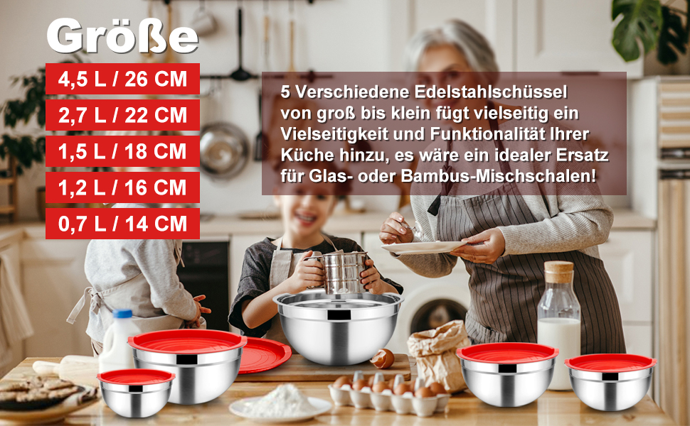 Набір мисок Homikit, 5 шт. з нержавіючої сталі з кришками, 4.5L/2.7L/1.5L/1.2L/0.7L (червоний)