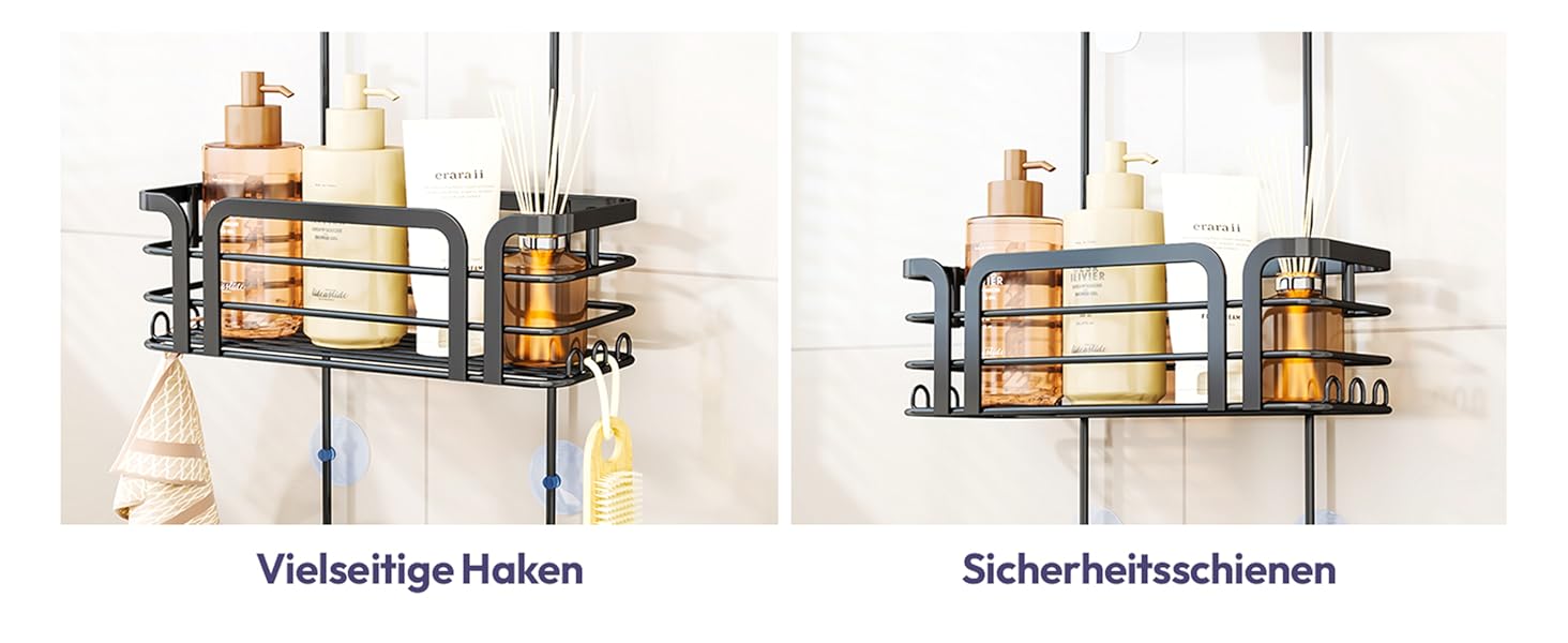 Поличка для душу SWTYMIKI з мильницею та 11 гачками, з нержавіючої сталі, чорна