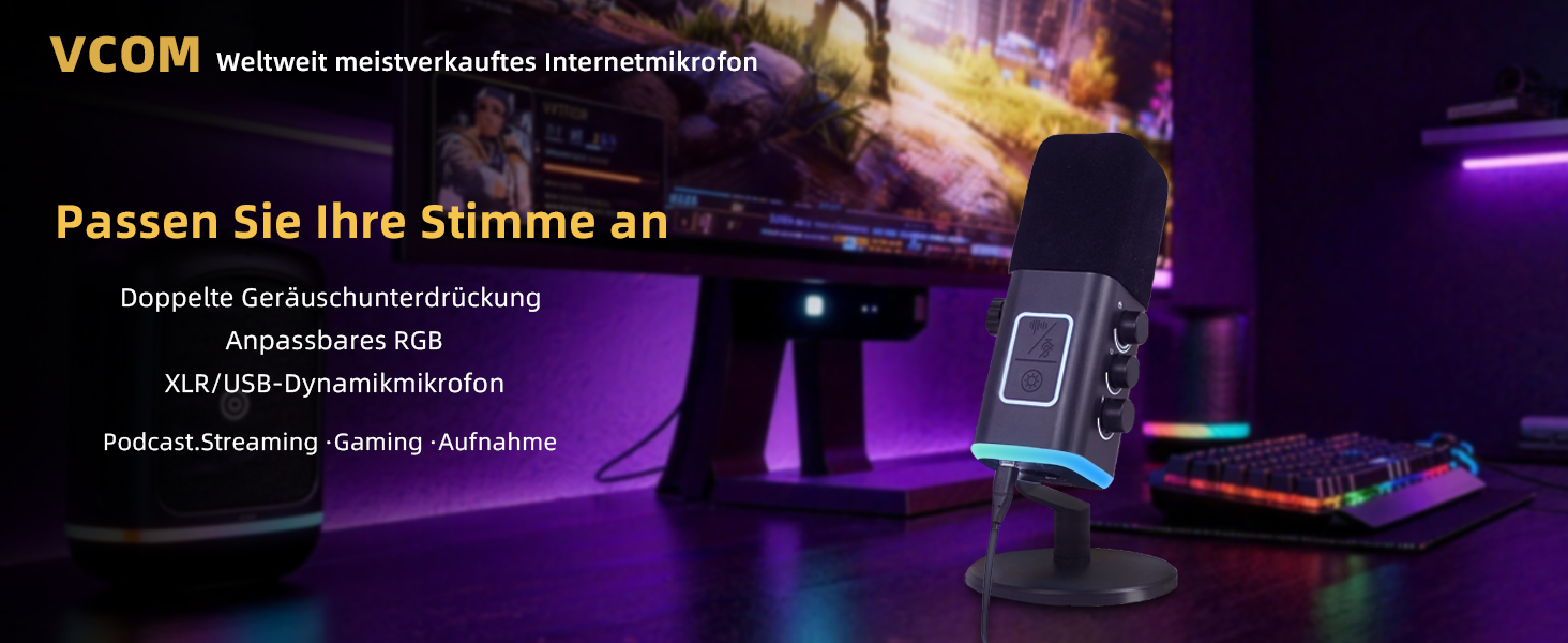 Динамічний мікрофон VCOM XLR/USB для ПК з роз'ємом 3.5 мм, професійний вокальний мікрофон для запису та стрімінгу