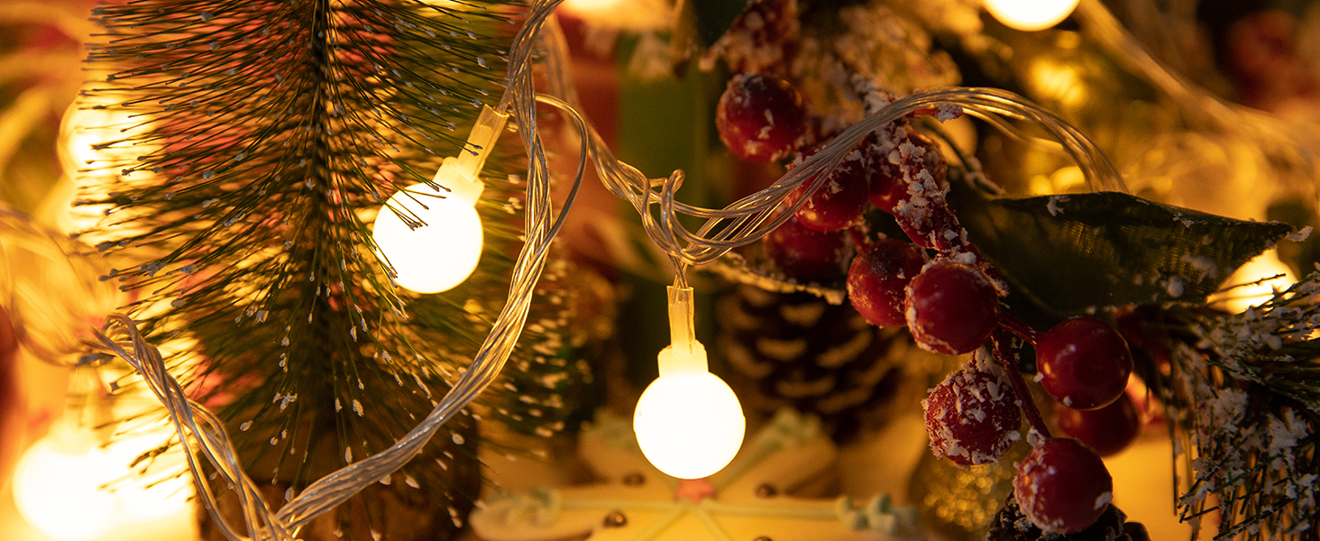 Ланцюжок прикрас з LED-кулями, 23м, 200 LED, для внутрішнього та зовнішнього використання, 8 режимів, функція пам'яті, з вилкою, ідеально для Різдва, весілля, вечірки (тепле біле світло)