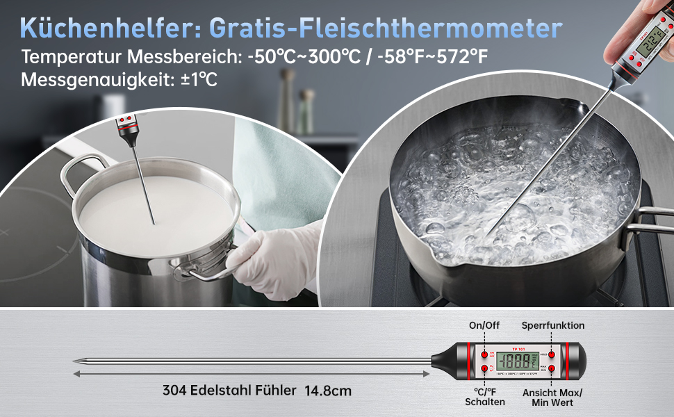 Інфрачервоний термометр Eventek -50°C до 600°C з лазером, регульована випромінювальна здатність, цифровий, LCD дисплей. Для гриля, піци, кухні, промисловості (чорний з аксесуарами 3 в 1)