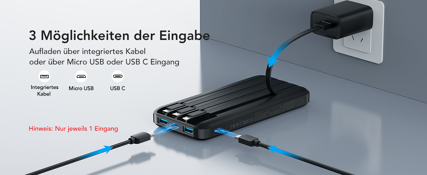 Power Bank Charmast 10000mAh з 6 виходами, USB-C, LED-дисплеєм, 4 кабелями, чорний