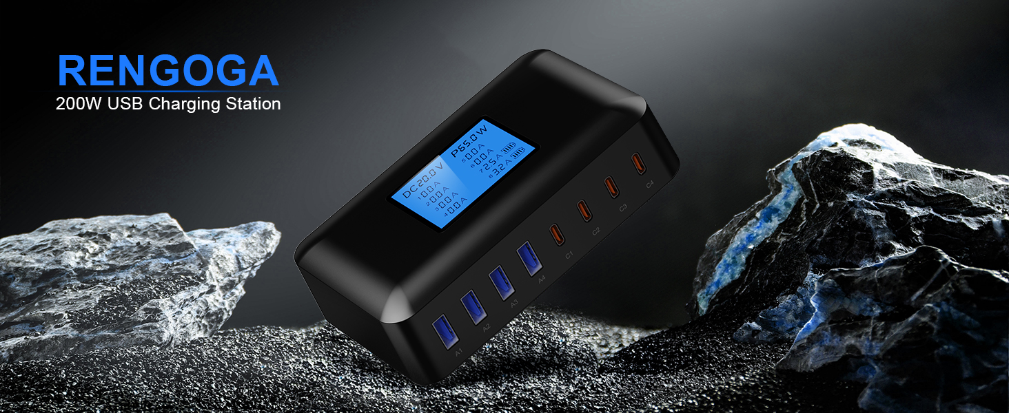 Зарядний пристрій RENGOGA 200W USB-C GaN 8 портів з LED дисплеєм для MacBook, iPad, iPhone, Samsung Galaxy - чорний