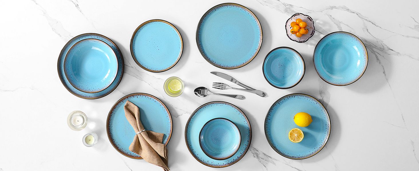 Набір посуду Steingut 24 штуки Vancasso AMBER: тарілки, супові тарілки, десертні тарілки, миски, реактивна глазур, морський блакитний, для 6 осіб, стійкий до миття в посудомийній машині