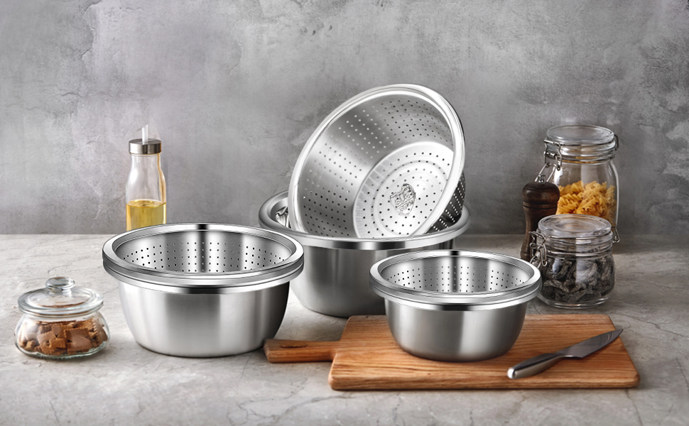 Ситечко кухонне нержавіюча сталь 24 см (2 шт.) з мисками для перемішування. Підходить для миття овочів, фруктів, пасти. Можна мити в посудомийній машині.