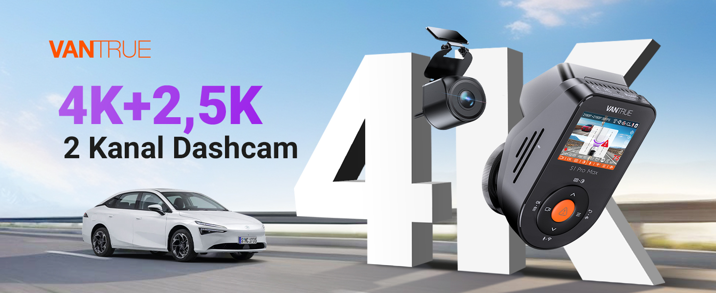 Автомобільний відеореєстратор VANTRUE S1 PRO MAX 4K + 4K Dual Dashcam з нічним баченням STARVIS 2, HDR, GPS, 5.8GHz WLAN, 24Год режим паркування, ADAS, підтримка LTE та карт пам'яті до 1ТБ