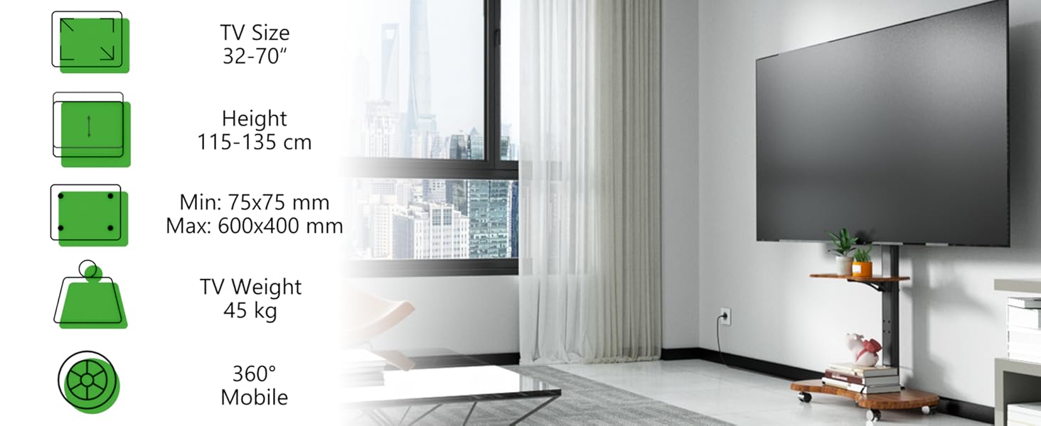 Підставка для телевізора Stellar на колесах з полицею, біла (волоський горіх), для телевізорів 32-70 дюймів, до 45 кг, VESA 600x400