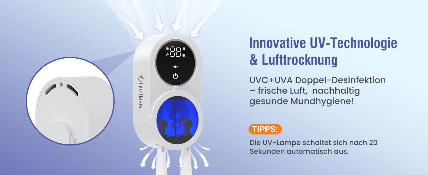Тримач для зубних щіток LifeBasis з UVC та UVA дезінфекцією, автоматичним сенсором, функцією сушіння повітрям та дисплеєм, настінний стерилізатор для 2 щіток