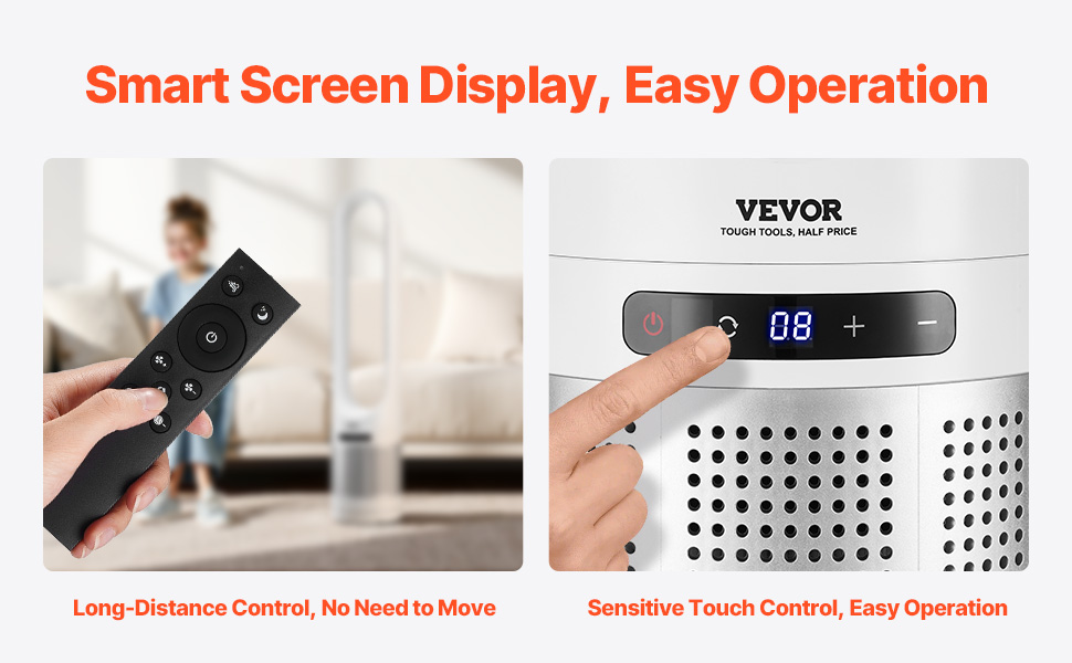 Турбо-вентилятор VEVOR без лопатей з HEPA-фільтром, 4.7 м/с, 8 швидкостей, осциляція 80°, таймер 8 годин, пульт ДК, режим очищення повітря
