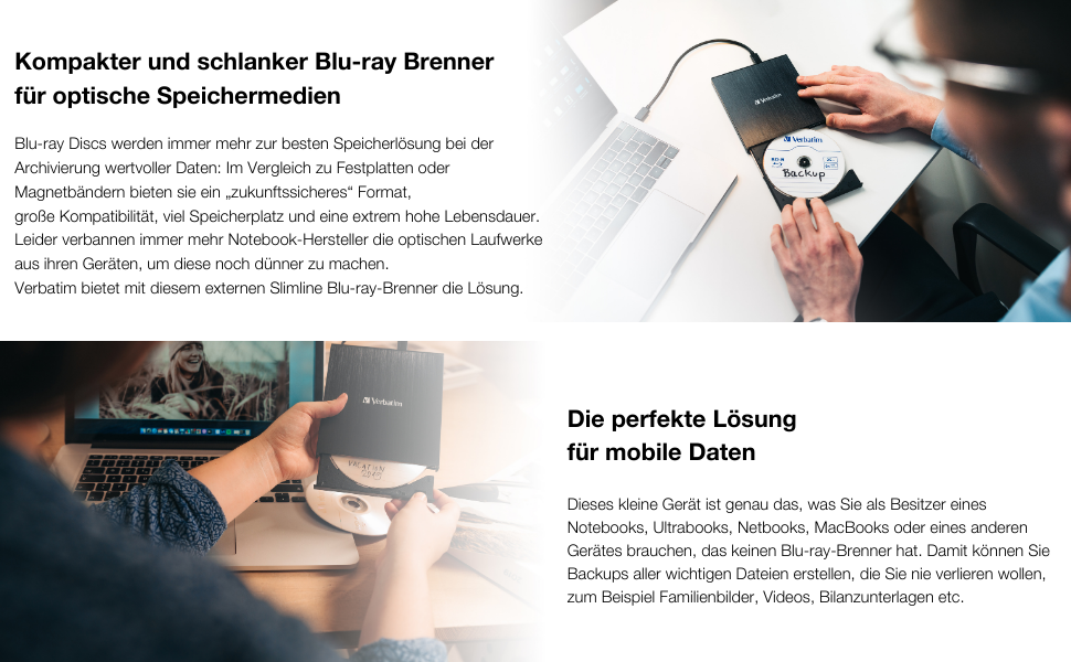 Зовнішній тонкий Blu-ray привід Verbatim Ultra HD 4K Slimline Writer з USB-C, підтримкою BDXL, M-Disc, DVD та CD, чорний