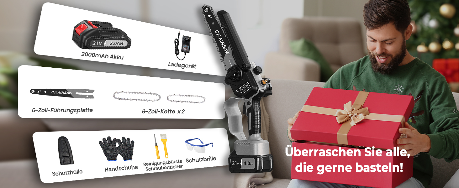 Акумуляторна міні-пила для саду та дерева 6 дюймів, 1000W безщітковий двигун, сумісна з Makita 18V, автоматичний змащувач, для обрізки гілок та дерева (1*2000mAh)