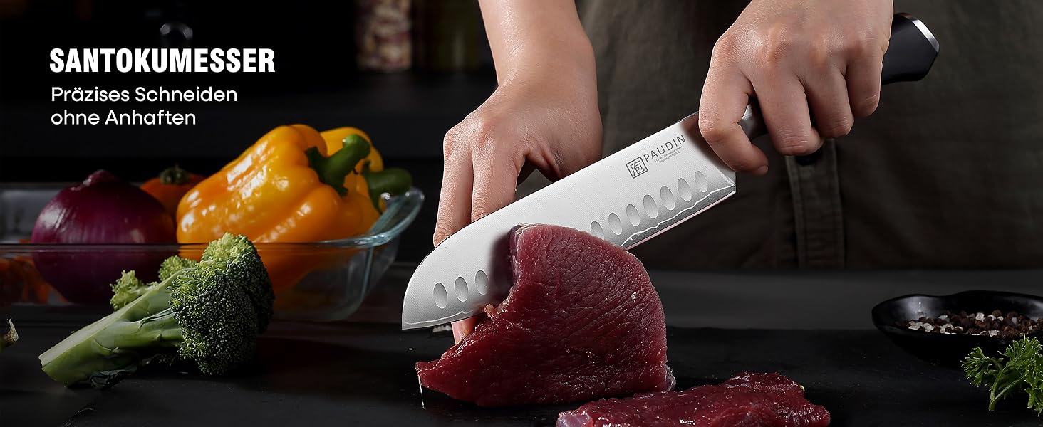 Набір кухонних ножів PAUDIN 4 шт: кухонний ніж, саторі, універсальний ніж, ніж для овочів. Професійний, гострий, з нержавіючої сталі 10Cr15CoMoV (твердість 62 HRC), з ергономічною дерев'яною ручкою