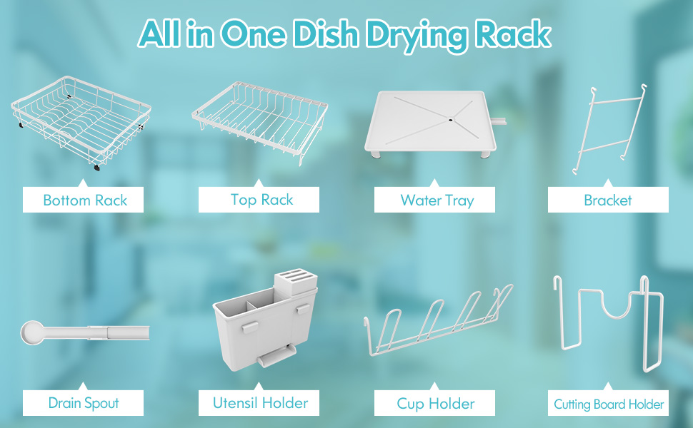 Сушарка для посуду MAJALiS 2-ярусна з піддоном та килимком, з тримачем для кухонного приладдя, чорна, нержавіюча сталь