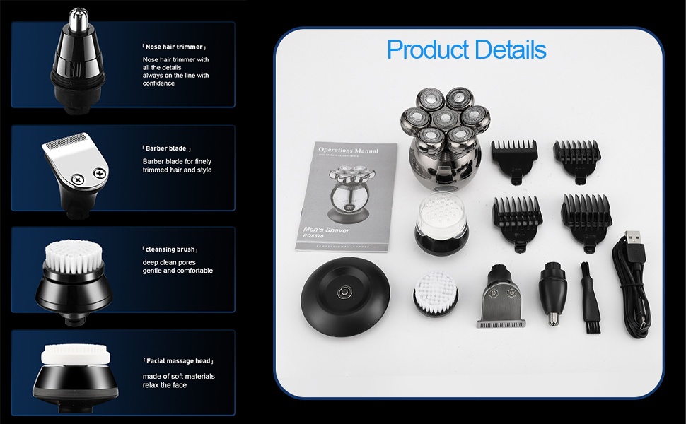 Електричний гострострумний апарат для гоління чоловічий 6-в-1 з LED дисплеєм, IPX6 водонепроникний, бездротовий, з індикатором заряду батареї