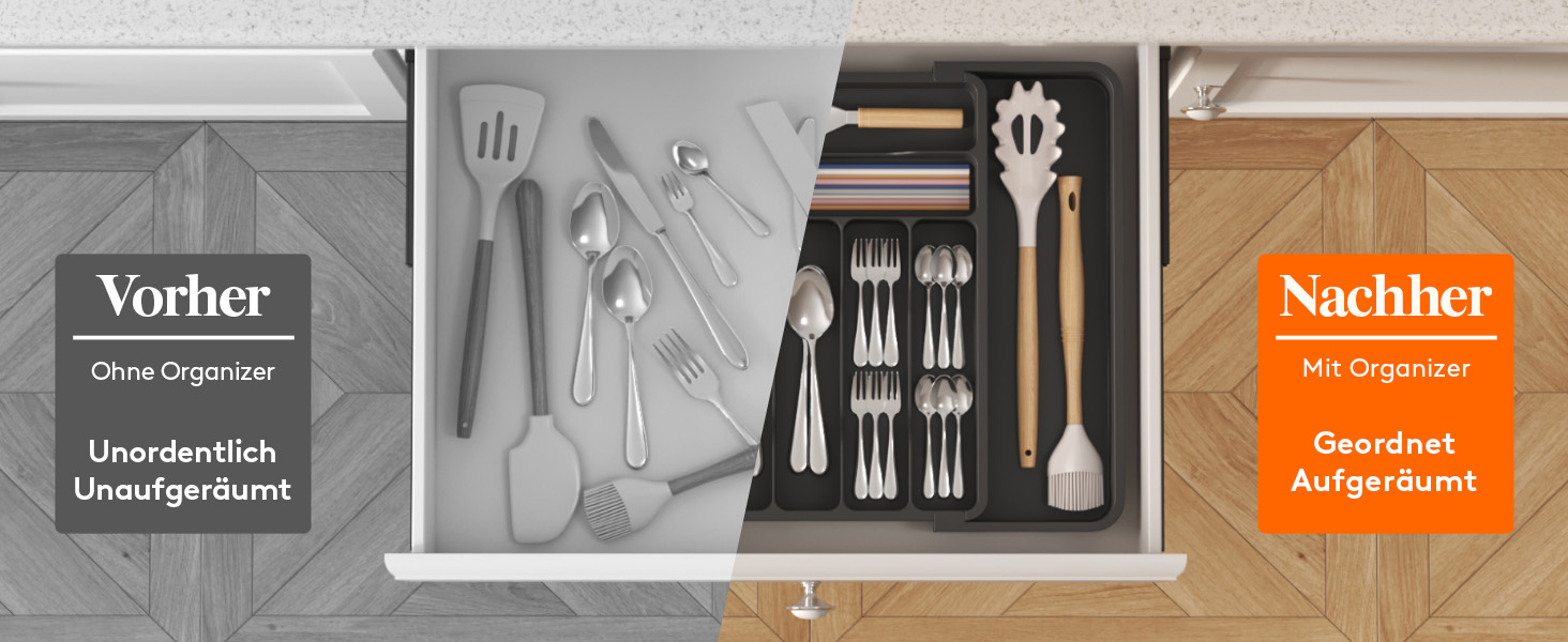 Органайзер для столових приборів Lifewit в шухляду, розсувний, пластиковий, 7-9 відділень, 38-50 см, чорний