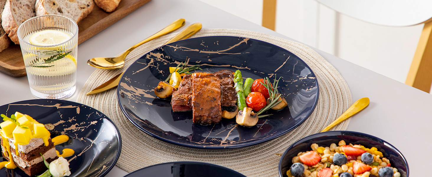 Набір посуду Lovelcasa Sweet Daphne, 32 елементи, порцеляновий сервіз з золотим декором для 8 осіб (темно-синій)