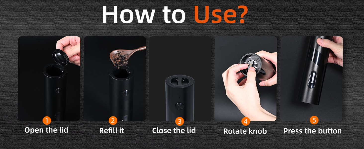 Набір електричних мельниць для солі та перцю з заряджною станцією, об'єм 110 мл, 5 ступенів помелу, керамічна млинка, щітка, 2 шт., чорний