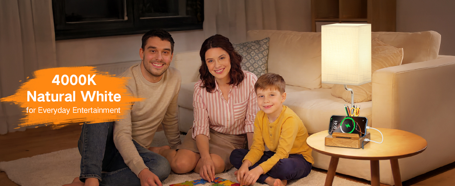 Настільна лампа світлодіодна OUTON 8000mAh бездротова з підставкою для ручок, акумуляторна, тканинний плафон, 3 режими світла, сенсорне керування, димування, індикатор заряду