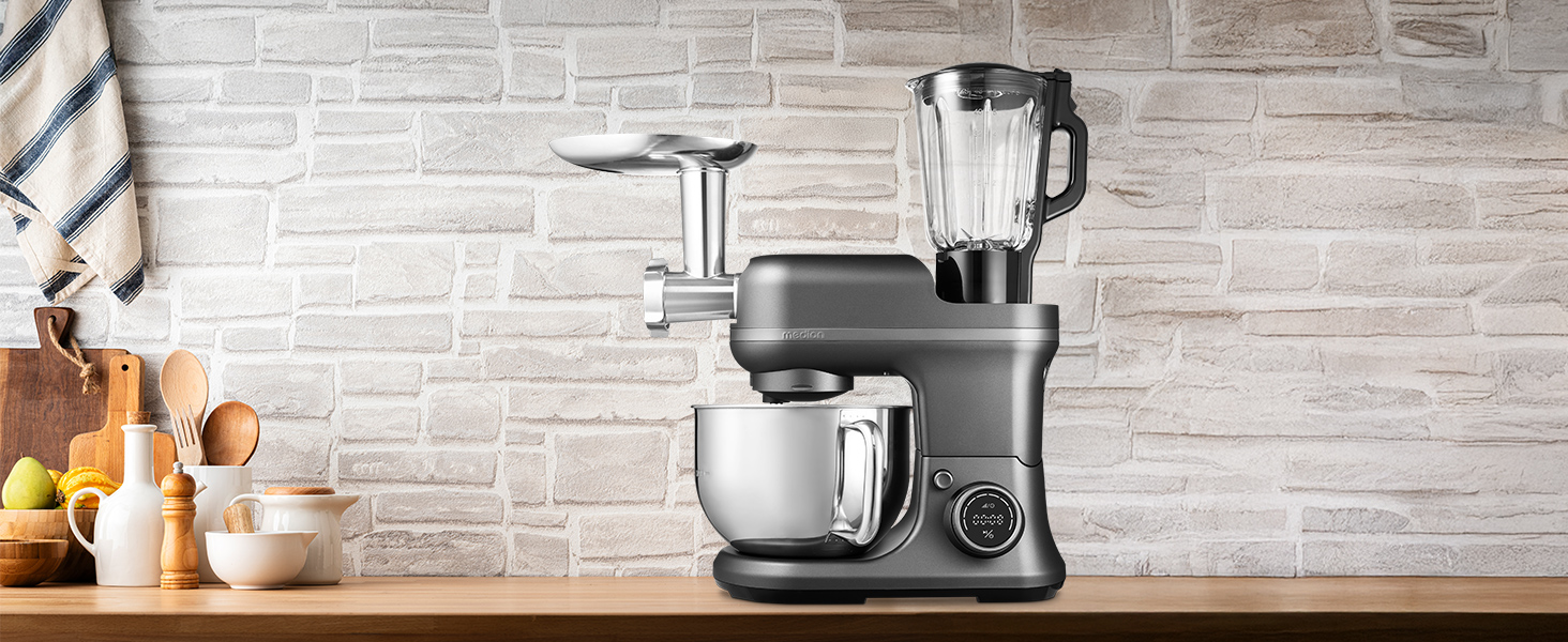 Кухонна машина MEDION MD18430: 3-в-1 (міксер, м'ясорубка, тістоміс), 5 л чаша з нержавіючої сталі, 1200 Вт, цифровий дисплей, чаша для льоду, титан